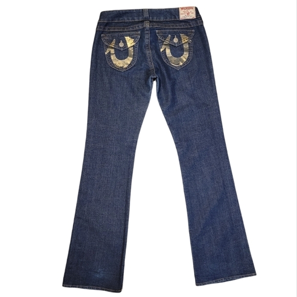 True Religion Becky Low Rise Boot Cut Jeans Dark Blue Gold Logo Print Like New - Picture 1 of 12